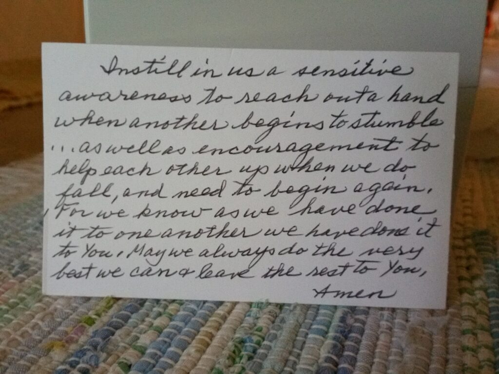 index card prayer of my mother's propped up