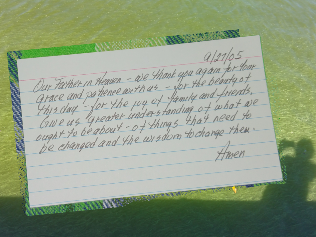 index card prayer superimposed over algae bloom in Lake Erie