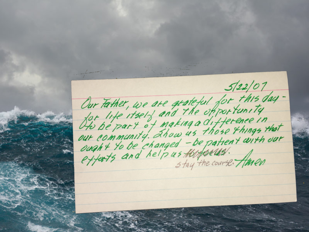 Index card prayer before a rough sea